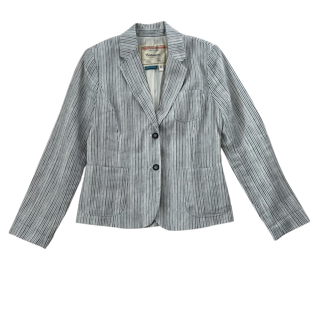 Cartonnier by Anthropologie Blue Striped 100% Linen Blazer Jacket SZ 4 - Picture 2 of 11